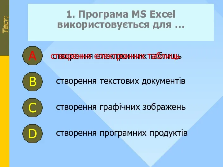 1. Програма MS Excel використовується для … створення текстових документів