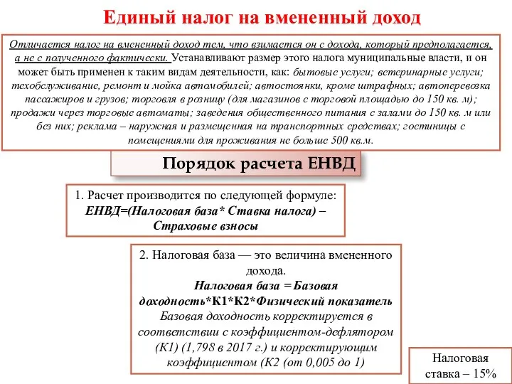 Единый налог на вмененный доход 1. Расчет производится по следующей