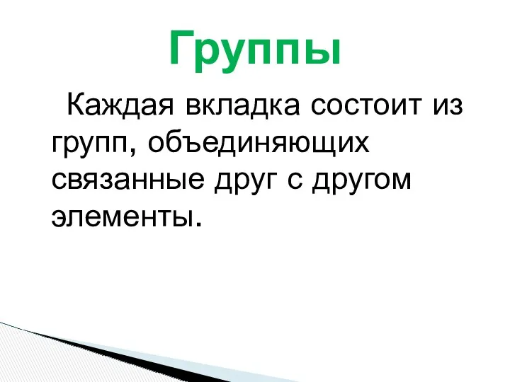 Каждая вкладка состоит из групп, объединяющих связанные друг с другом элементы. Группы