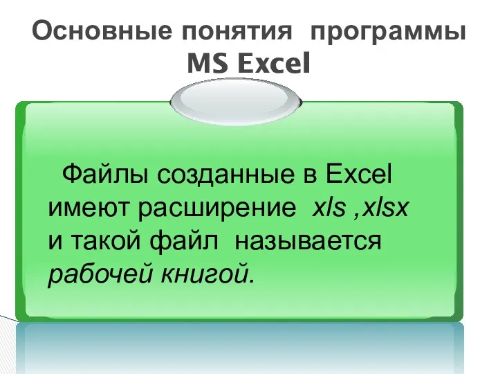 Основные понятия программы MS Excel Файлы созданные в Excel имеют