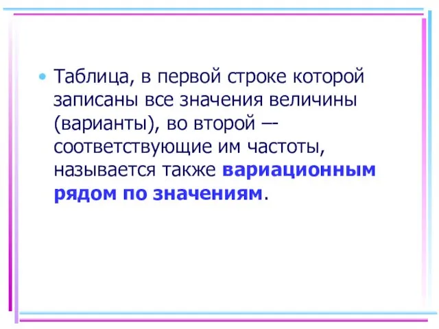 Таблица, в первой строке которой записаны все значения величины (варианты),