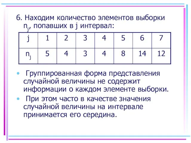 6. Находим количество элементов выборки nj, попавших в j интервал: