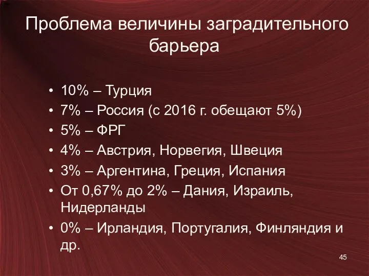 Проблема величины заградительного барьера 10% – Турция 7% – Россия (с 2016 г.