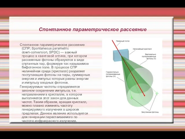 Спонтанное параметрическое рассеяние Спонтанное параметрическое рассеяние (СПР; Spontaneous parametric down-conversion,