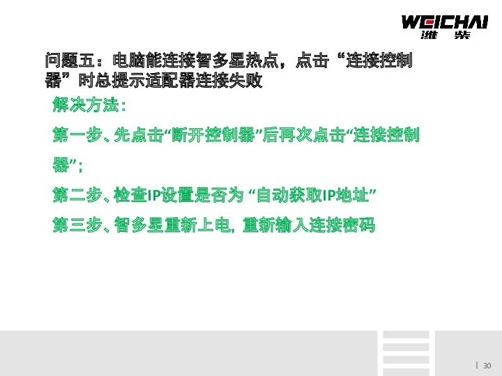 问题五：电脑能连接智多星热点，点击“连接控制器”时总提示适配器连接失败 解决方法： 第一步、先点击“断开控制器”后再次点击“连接控制器”； 第二步、检查IP设置是否为 “自动获取IP地址” 第三步、智多星重新上电，重新输入连接密码