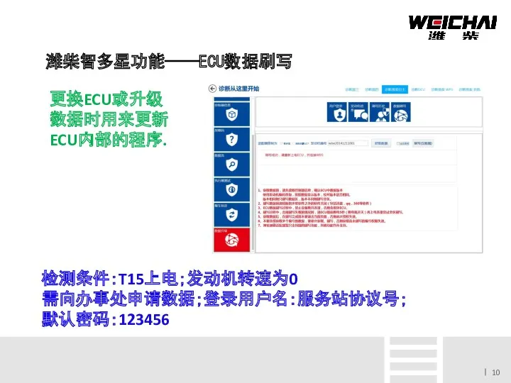 潍柴智多星功能——ECU数据刷写 更换ECU或升级数据时用来更新ECU内部的程序. 检测条件：T15上电；发动机转速为0 需向办事处申请数据；登录用户名：服务站协议号；默认密码：123456