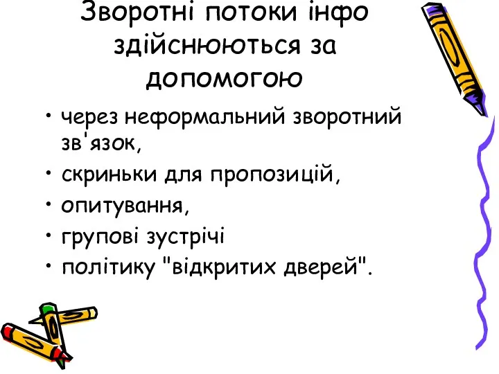 Зворотні потоки інфо здійснюються за допомогою через нефор­мальний зворотний зв'язок,