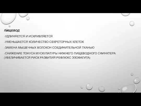 ПИЩЕВОД -УДЛИНЯЕТСЯ И ИСКРИВЛЯЕТСЯ -УМЕНЬШАЕТСЯ КОЛИЧЕСТВО СЕКРЕТОРНЫХ КЛЕТОК -ЗАМЕНА МЫШЕЧНЫХ