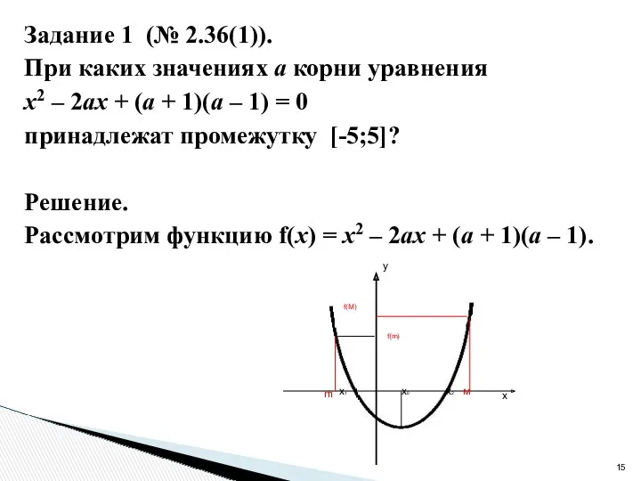 Задание 1 (№ 2.36(1)). При каких значениях а корни уравнения