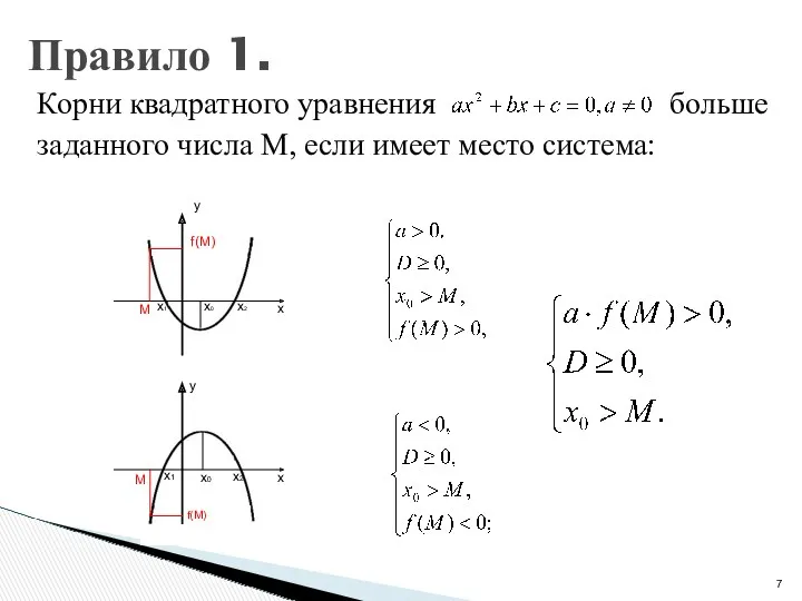 Корни квадратного уравнения больше заданного числа M, если имеет место сиcтема: Правило 1.