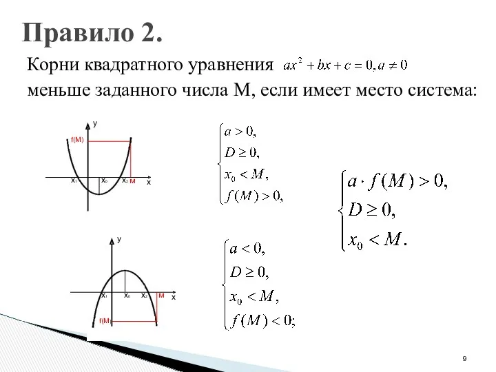 Правило 2. Корни квадратного уравнения меньше заданного числа М, если имеет место сиcтема: