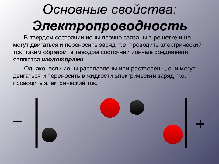 Основные свойства: Электропроводность В твердом состоянии ионы прочно связаны в