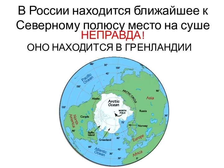 В России находится ближайшее к Северному полюсу место на суше НЕПРАВДА! ОНО НАХОДИТСЯ В ГРЕНЛАНДИИ