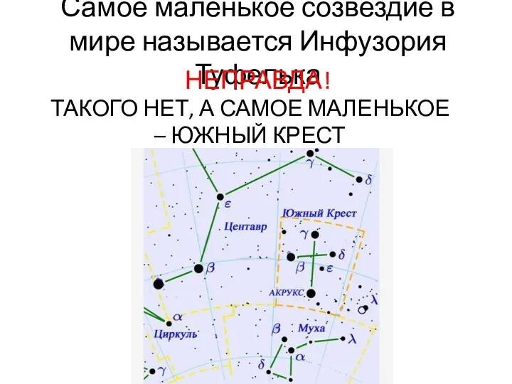 Самое маленькое созвездие в мире называется Инфузория Туфелька НЕПРАВДА! ТАКОГО