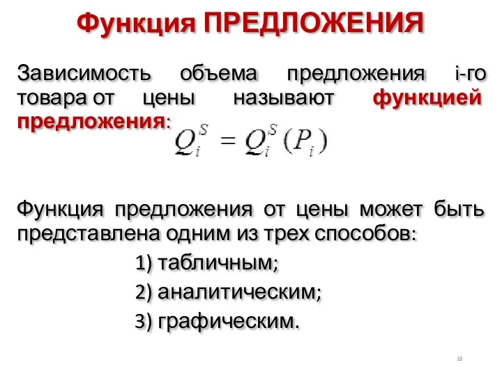 Функция ПРЕДЛОЖЕНИЯ Зависимость объема предложения i-го товара от цены называют