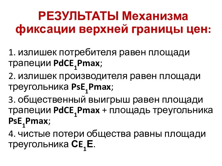 РЕЗУЛЬТАТЫ Механизма фиксации верхней границы цен: 1. излишек потребителя равен