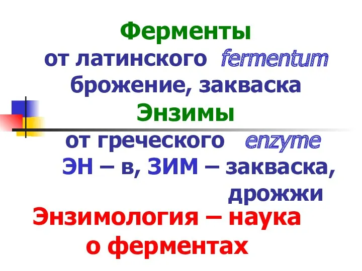 Ферменты от латинского fermentum брожение, закваска Энзимы от греческого enzyme