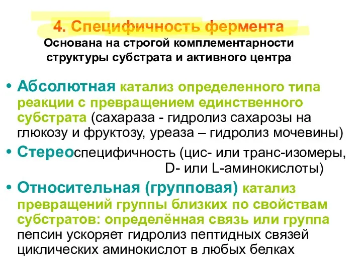 4. Специфичность фермента Основана на строгой комплементарности структуры субстрата и