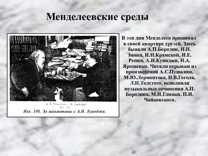 В эти дни Менделеев принимал в своей квартире друзей. Здесь