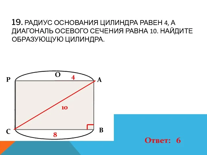 19. РАДИУС ОСНОВАНИЯ ЦИЛИНДРА РАВЕН 4, А ДИАГОНАЛЬ ОСЕВОГО СЕЧЕНИЯ