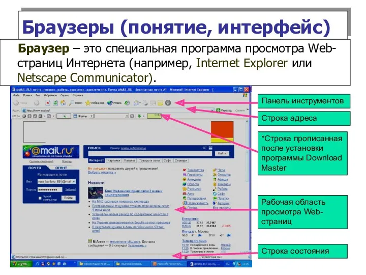 Браузеры (понятие, интерфейс) Браузер – это специальная программа просмотра Web-страниц