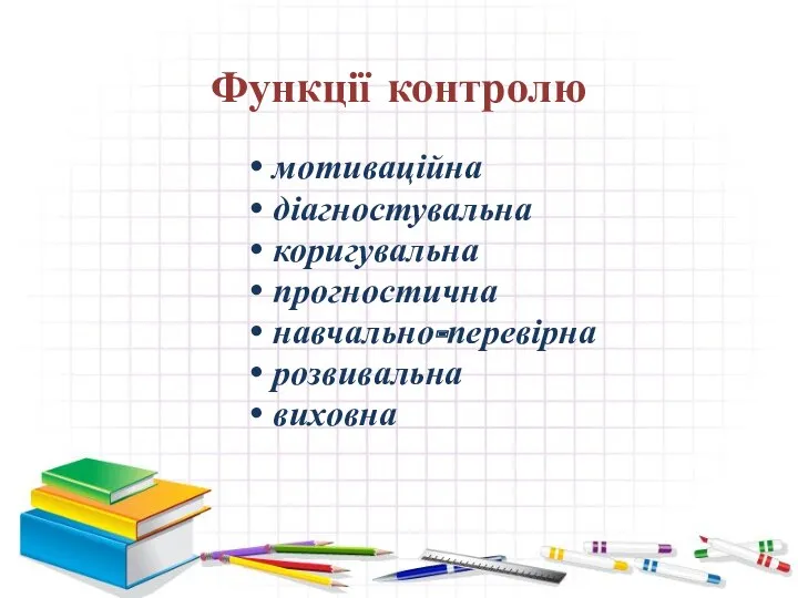 Функції контролю мотиваційна діагностувальна коригувальна прогностична навчально-перевірна розвивальна виховна