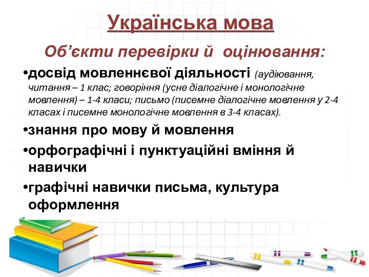 Українська мова Об’єкти перевірки й оцінювання: досвід мовленнєвої діяльності (аудіювання,