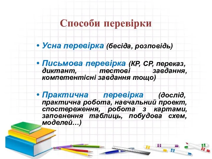 Способи перевірки Усна перевірка (бесіда, розповідь) Письмова перевірка (КР, СР,