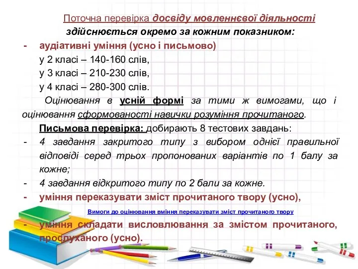 Поточна перевірка досвіду мовленнєвої діяльності здійснюється окремо за кожним показником: