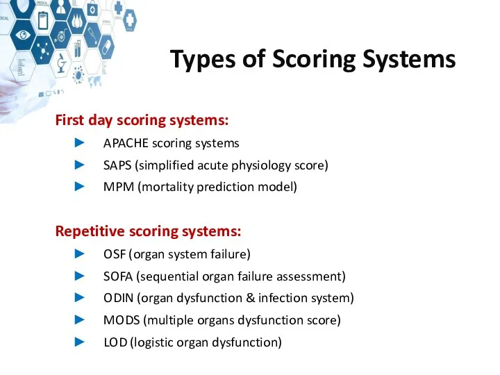 Types of Scoring Systems First day scoring systems: APACHE scoring systems SAPS (simplified