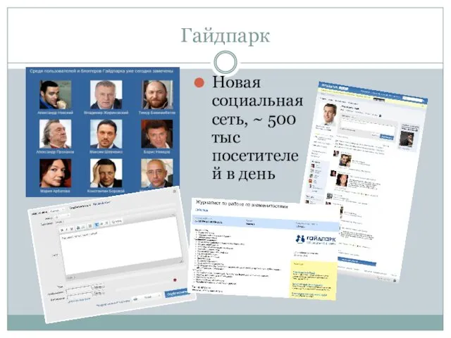 Гайдпарк Новая социальная сеть, ~ 500 тыс посетителей в день