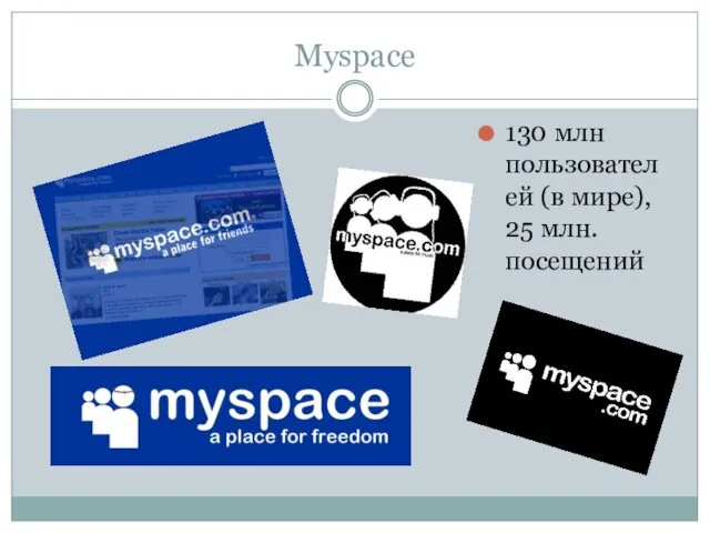 Myspace 130 млн пользователей (в мире), 25 млн. посещений