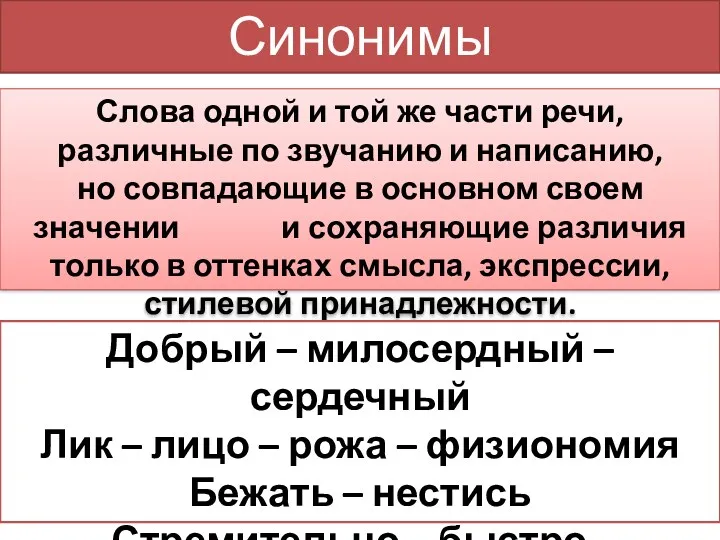 Синонимы Слова одной и той же части речи, различные по