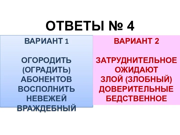 ОТВЕТЫ № 4 ВАРИАНТ 1 ОГОРОДИТЬ (ОГРАДИТЬ) АБОНЕНТОВ ВОСПОЛНИТЬ НЕВЕЖЕЙ