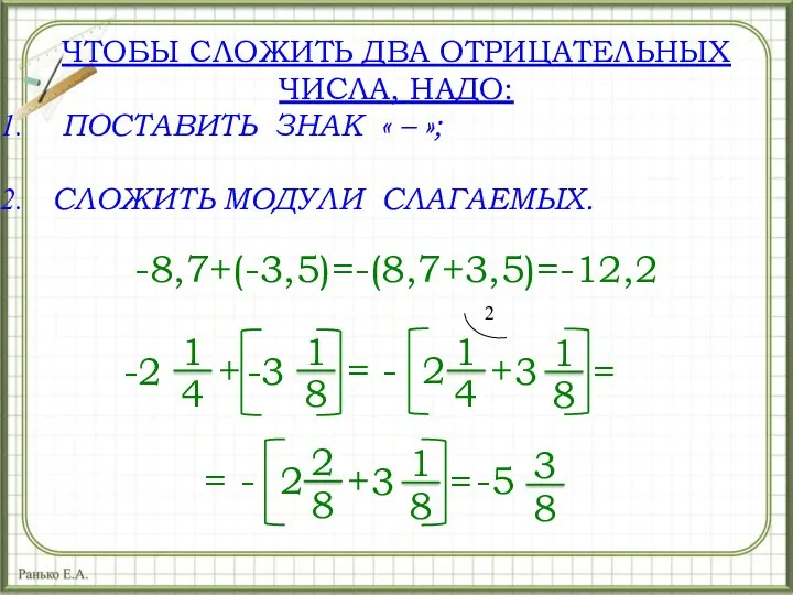 ЧТОБЫ СЛОЖИТЬ ДВА ОТРИЦАТЕЛЬНЫХ ЧИСЛА, НАДО: ПОСТАВИТЬ ЗНАК « –