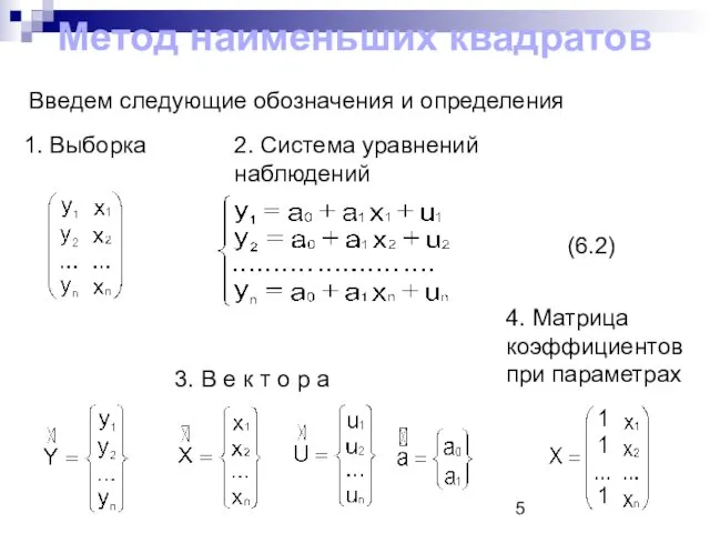 Метод наименьших квадратов Введем следующие обозначения и определения 1. Выборка