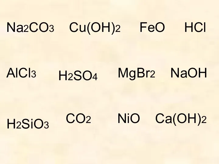 Na2CO3 Cu(OH)2 FeO AlCl3 MgBr2 NaOH CO2 NiO Ca(OH)2 HCl H2SO4 H2SiO3