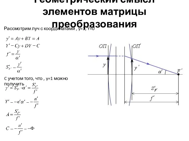 Геометрический смысл элементов матрицы преобразования Рассмотрим луч с координатами ,