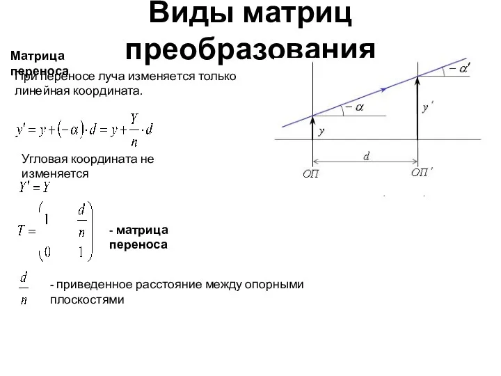 Виды матриц преобразования При переносе луча изменяется только линейная координата.