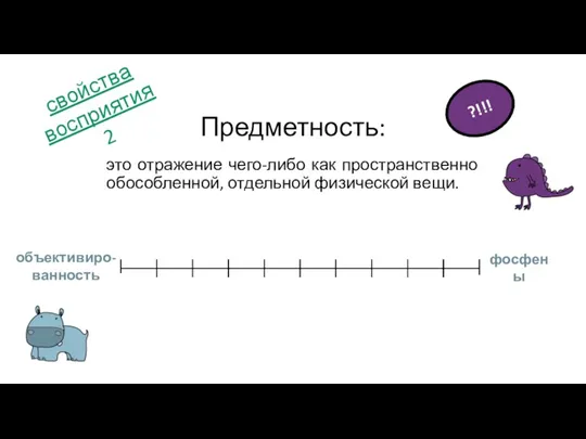 это отражение чего-либо как пространственно обособленной, отдельной физической вещи. Предметность: ?!!! объективиро-ванность фосфены свойства восприятия 2