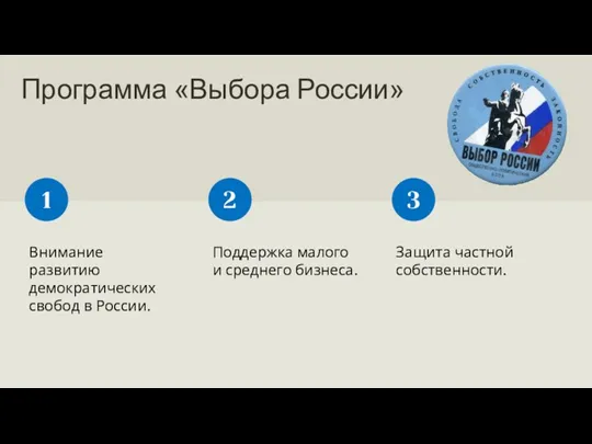 Программа «Выбора России» Внимание развитию демократических свобод в России. 1