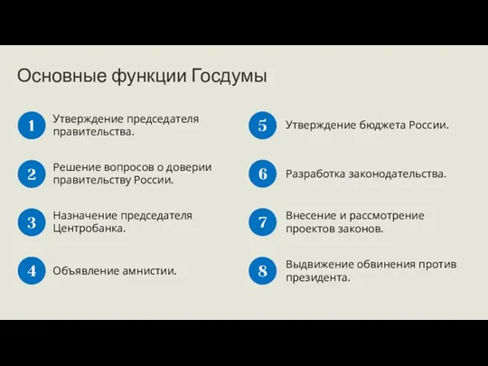 Основные функции Госдумы Утверждение председателя правительства. Решение вопросов о доверии