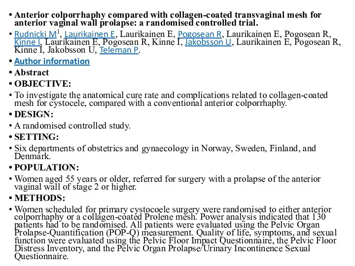 Anterior colporrhaphy compared with collagen-coated transvaginal mesh for anterior vaginal