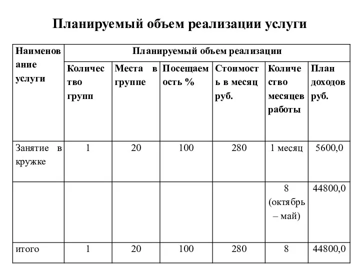 Планируемый объем реализации услуги