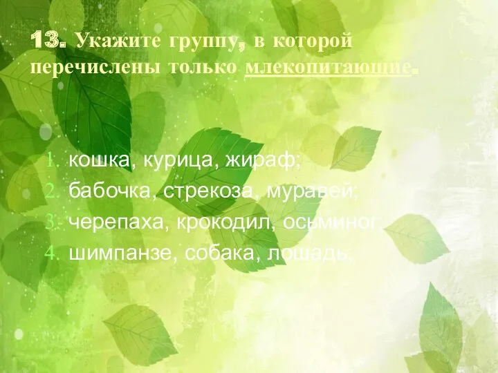 13. Укажите группу, в которой перечислены только млекопитающие. кошка, курица,