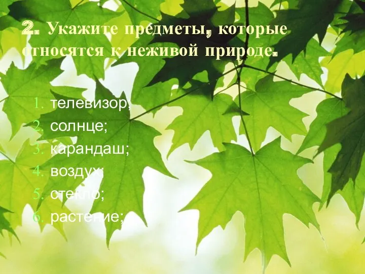 2. Укажите предметы, которые относятся к неживой природе. телевизор; солнце; карандаш; воздух; стекло; растение;