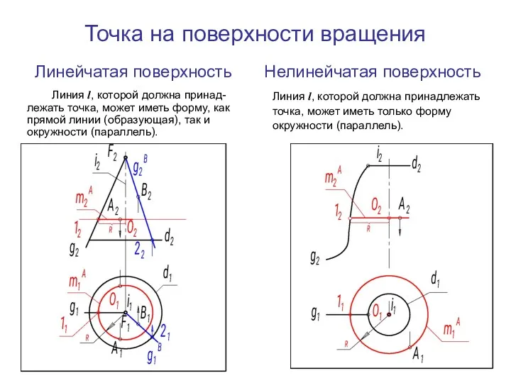 Точка на поверхности вращения Линия l, которой должна принад-лежать точка,