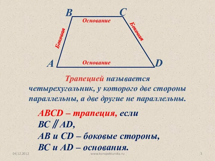 04.12.2012 www.konspekturoka.ru Трапецией называется четырехугольник, у которого две стороны параллельны, а две другие