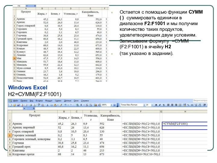Windows Excel H2=СУММ(F2:F1001) Остается с помощью функции СУММ ( )