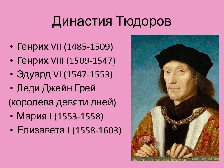Династия Тюдоров Генрих VII (1485-1509) Генрих VIII (1509-1547) Эдуард VI